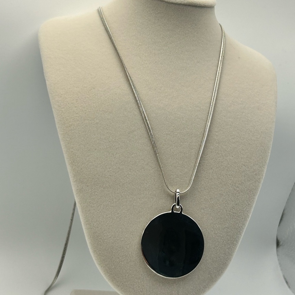 Round Disk Pendant Necklace 31" Long Chain Adjustable Silver Tone Fashion - Picture 4 of 10